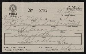 Primary view of object titled '[Vehicle Registration Certificate, 1934]'.