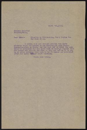 Primary view of object titled '[Letter to Abilene Reporter, March 7, 1920]'.