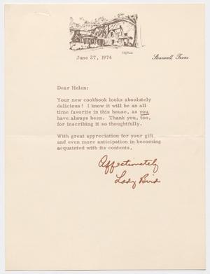 Primary view of object titled '[Letter from Lady Bird Johnson to Helen Corbitt, June 27, 1974]'.