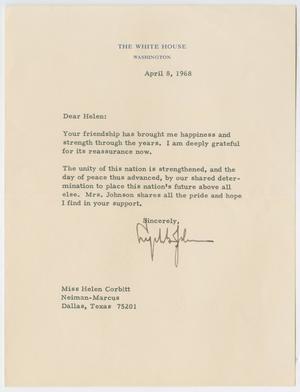 Primary view of object titled '[Letter from Lyndon B. Johnson to Helen Corbitt, April 8, 1968]'.