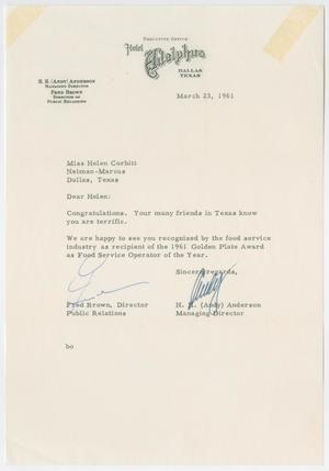 Primary view of object titled '[Letter from Fred Brown and H. H. Anderson to Helen Corbitt, March 23, 1961]'.