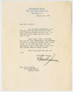 Primary view of object titled '[Letter from Sam Rayburn to Helen Corbitt, January 14, 1960]'.