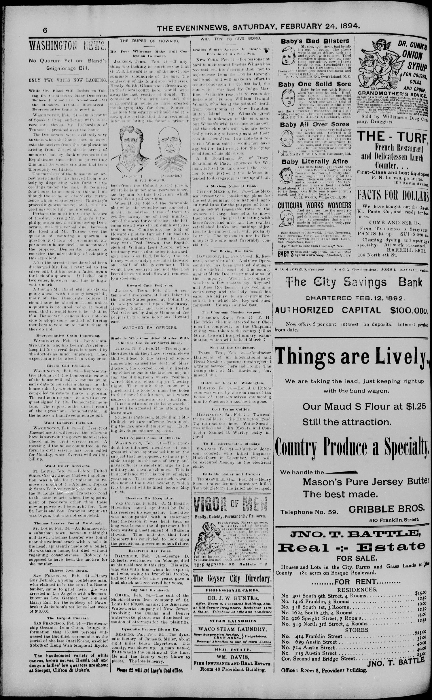 The Waco Evening News. (Waco, Tex.), Vol. 6, No. 191, Ed. 1, Saturday, February 24, 1894
                                                
                                                    [Sequence #]: 6 of 8
                                                