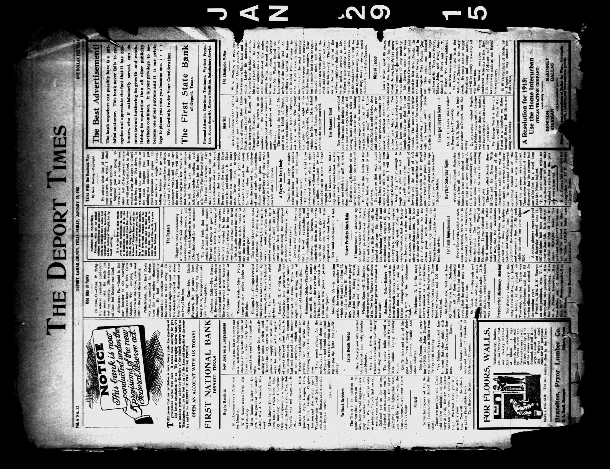The Deport Times (Deport, Tex.), Vol. 6, No. 52, Ed. 1 Friday, January 29, 1915
                                                
                                                    [Sequence #]: 1 of 4
                                                