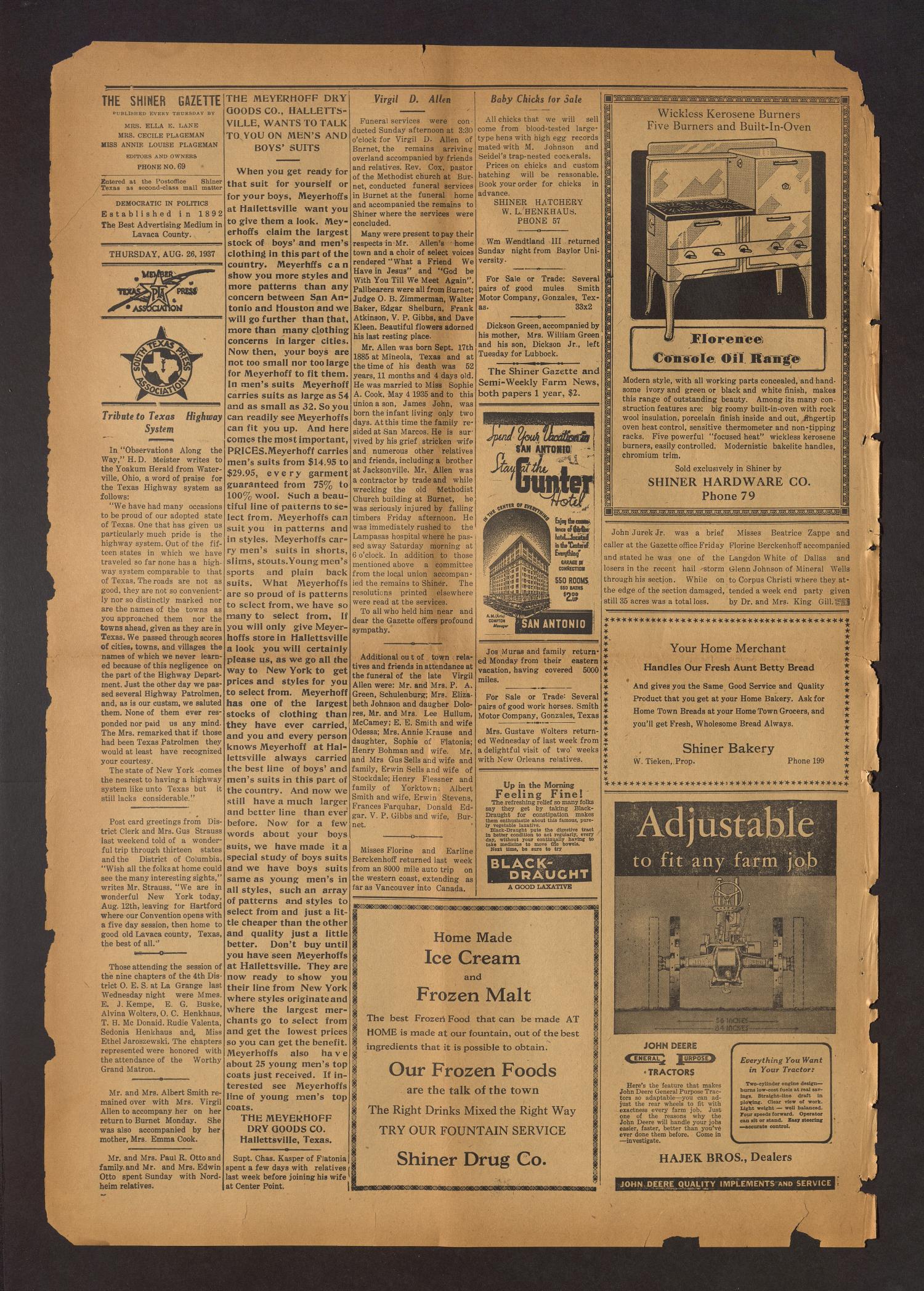 Shiner Gazette (Shiner, Tex.), Vol. 44, No. 34, Ed. 1 Thursday, August 26, 1937
                                                
                                                    [Sequence #]: 4 of 8
                                                