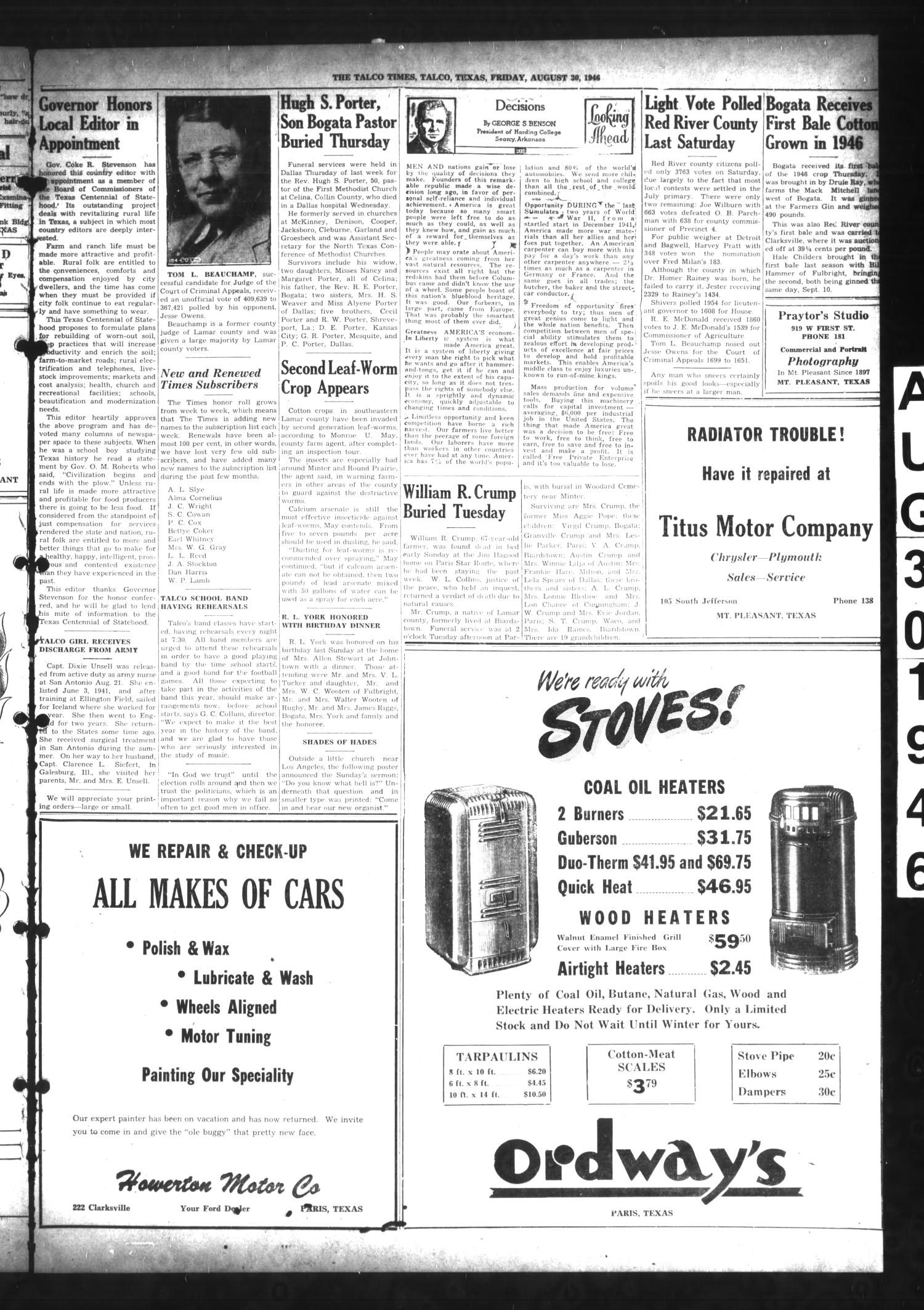 The Talco Times (Talco, Tex.), Vol. 11, No. 29, Ed. 1 Friday, August 30, 1946
                                                
                                                    [Sequence #]: 5 of 6
                                                