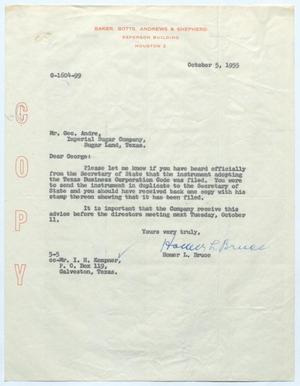 Primary view of object titled '[Letter from Homer L. Bruce to George Andre, October 5, 1955]'.