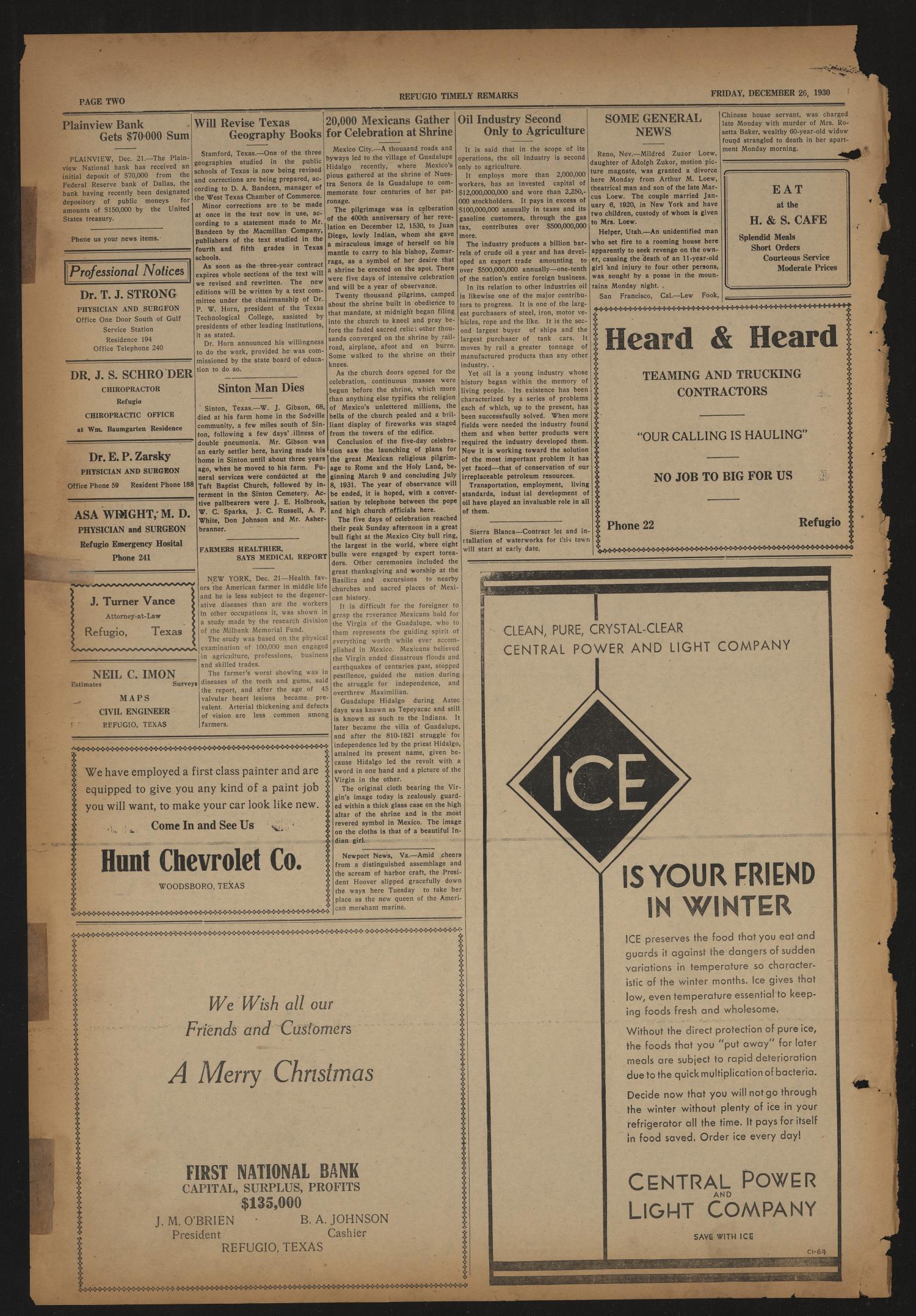 Refugio Timely Remarks and Refugio County News (Refugio, Tex.), Vol. 3, No. 9, Ed. 1 Friday, December 26, 1930
                                                
                                                    [Sequence #]: 2 of 8
                                                