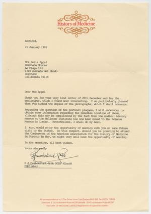 Primary view of object titled '[Letter from E. J. Cruickshank-Robb to Doris Appel, January 21, 1981]'.