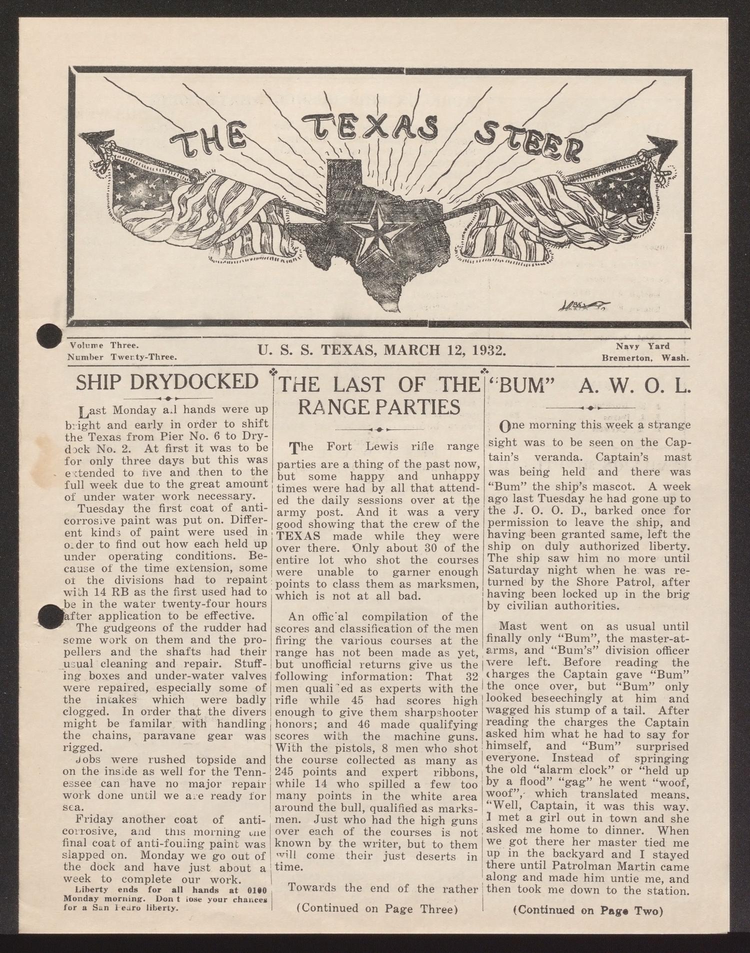 The Texas Steer (U. S. S. Texas), Vol. 3, No. 23, Ed. 1 Saturday, March 12, 1932
                                                
                                                    [Sequence #]: 1 of 4
                                                