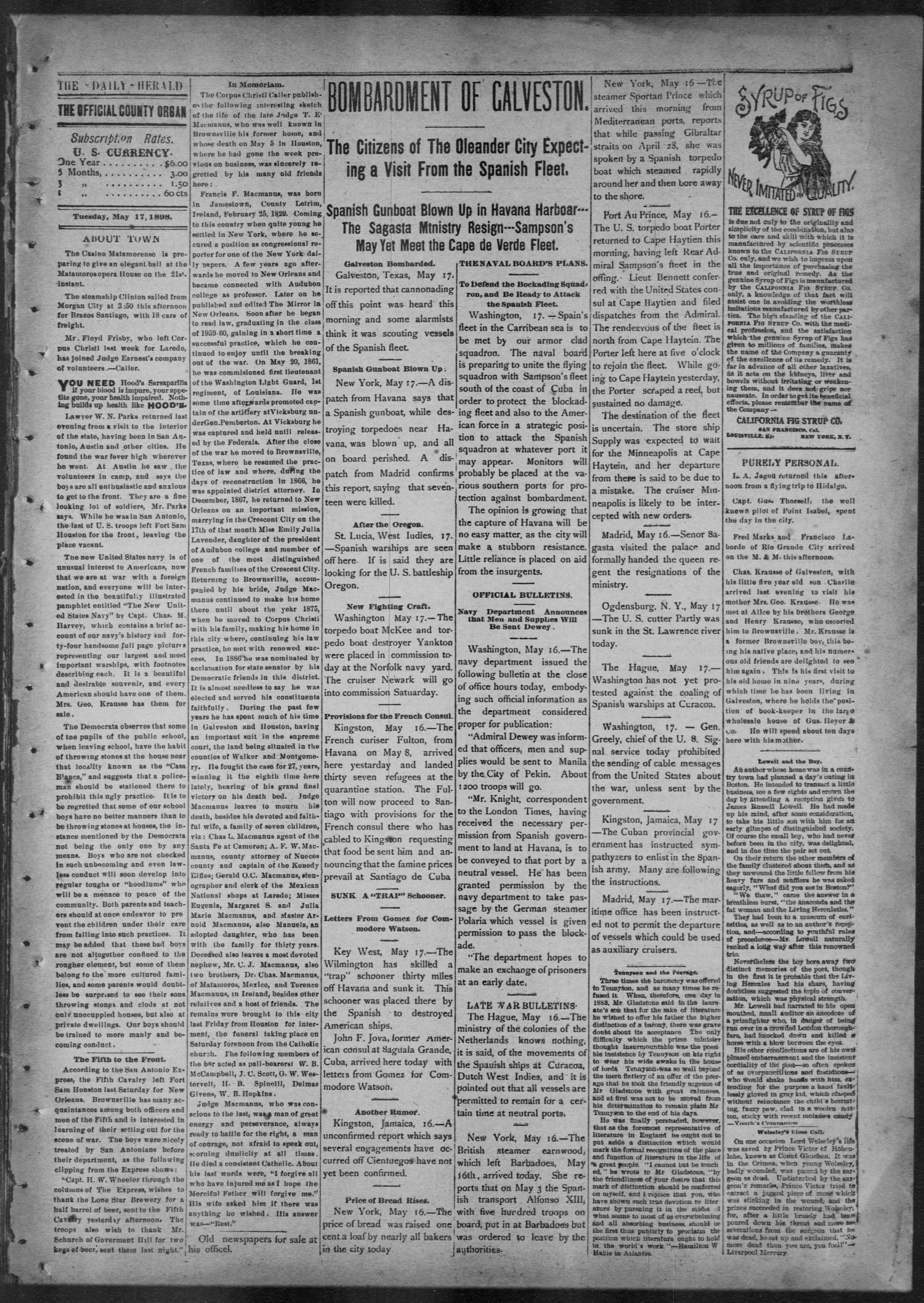 The Brownsville Daily Herald. (Brownsville, Tex.), Vol. 6, No. 271, Ed. 1, Tuesday, May 17, 1898
                                                
                                                    [Sequence #]: 3 of 4
                                                