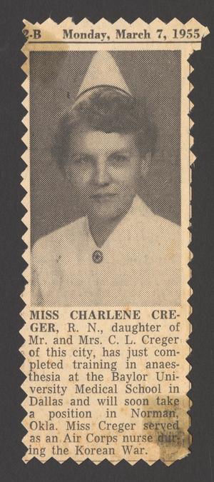 Primary view of object titled '[Clipping: Miss Charlyne Creger]'.