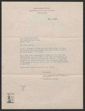 Primary view of object titled '[Letter from Jacqueline Cochran to Catherine Parker, February 10, 1945]'.