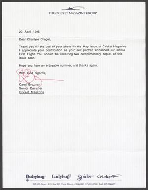 Primary view of object titled '[Letter from Carol Brozman to Charlyne Creger, April 20, 1995]'.