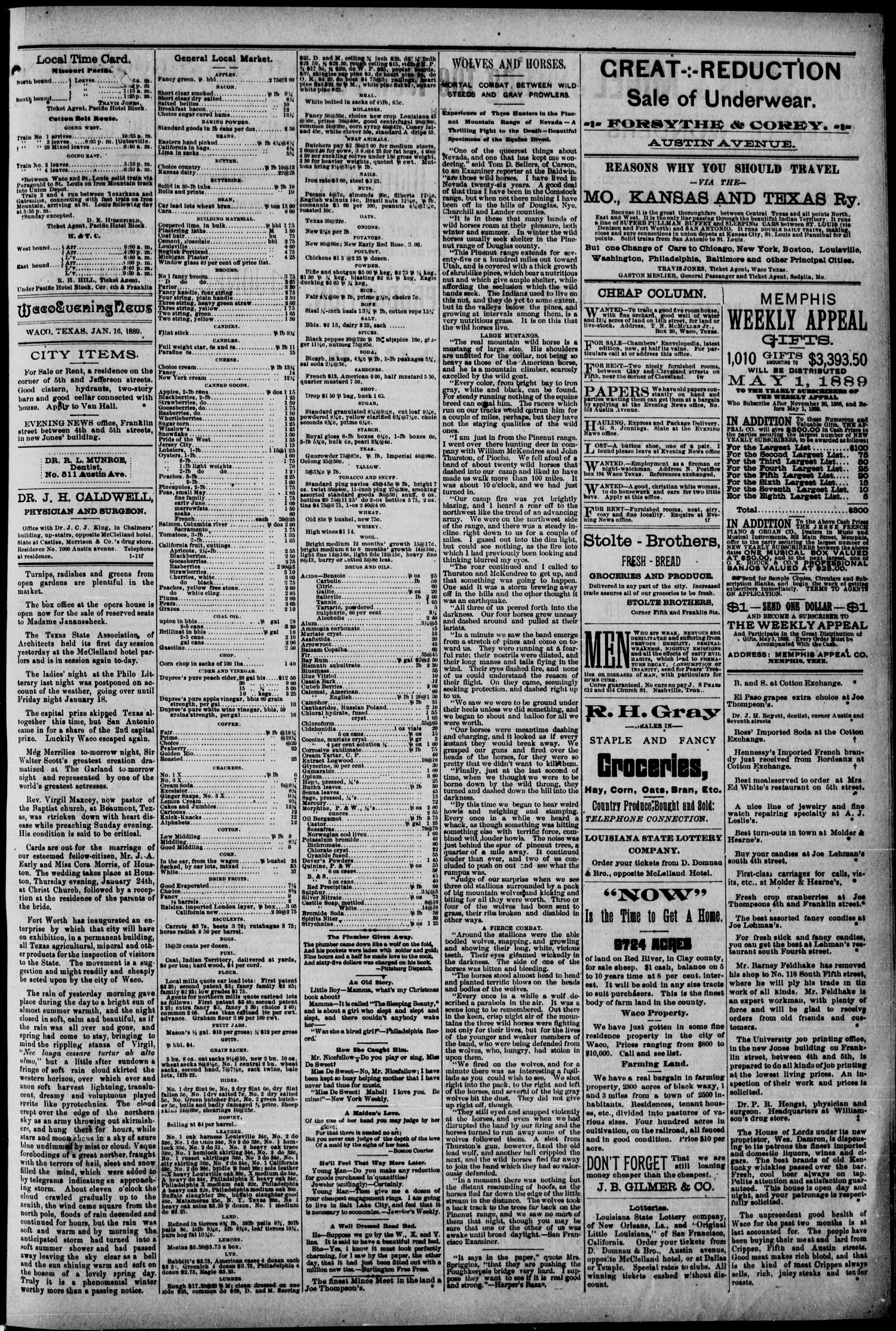 Waco Evening News. (Waco, Tex.), Vol. 1, No. 162, Ed. 1, Wednesday, January 16, 1889
                                                
                                                    [Sequence #]: 3 of 4
                                                