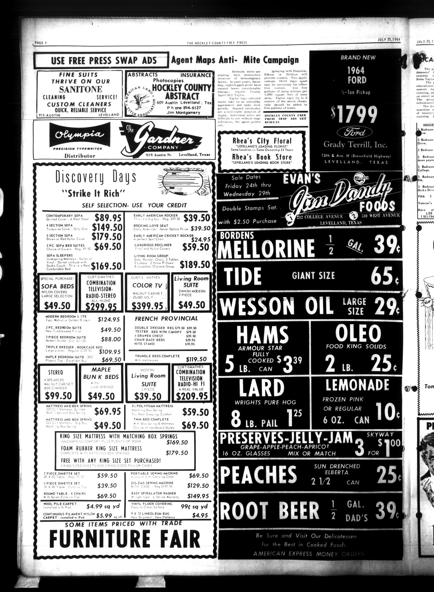 Hockley County Free Press (Levelland, Tex.), Vol. 1, No. 27, Ed. 1 Thursday, July 23, 1964
                                                
                                                    [Sequence #]: 4 of 8
                                                