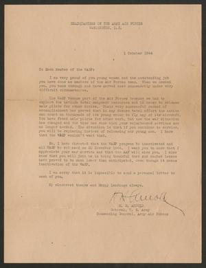 Primary view of object titled '[Letter from General H. H. Arnold to the Women Airforce Service Pilots, October 1, 1944]'.