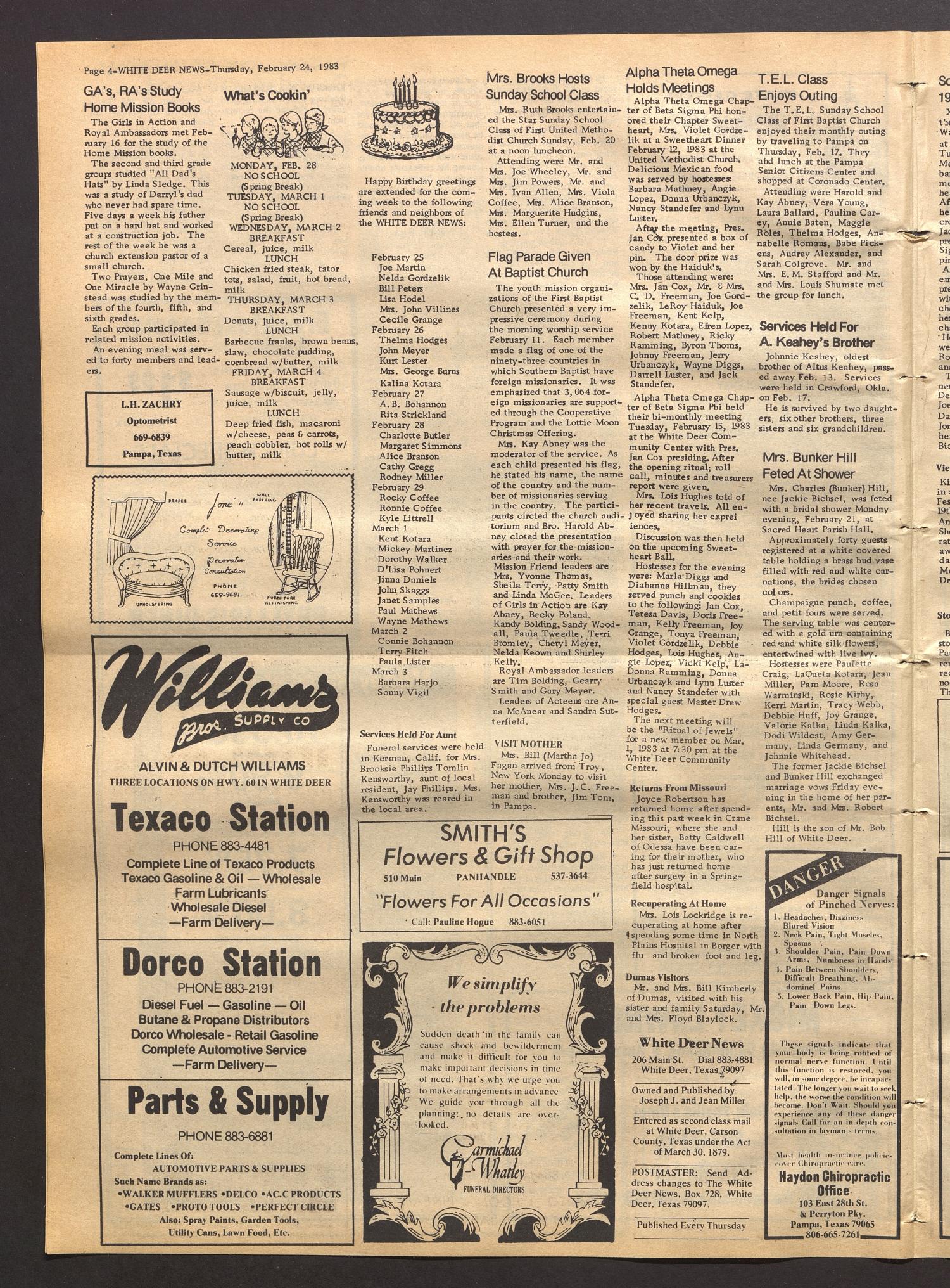 White Deer News (White Deer, Tex.), Vol. 23, No. 48, Ed. 1 Thursday, February 24, 1983
                                                
                                                    [Sequence #]: 4 of 8
                                                