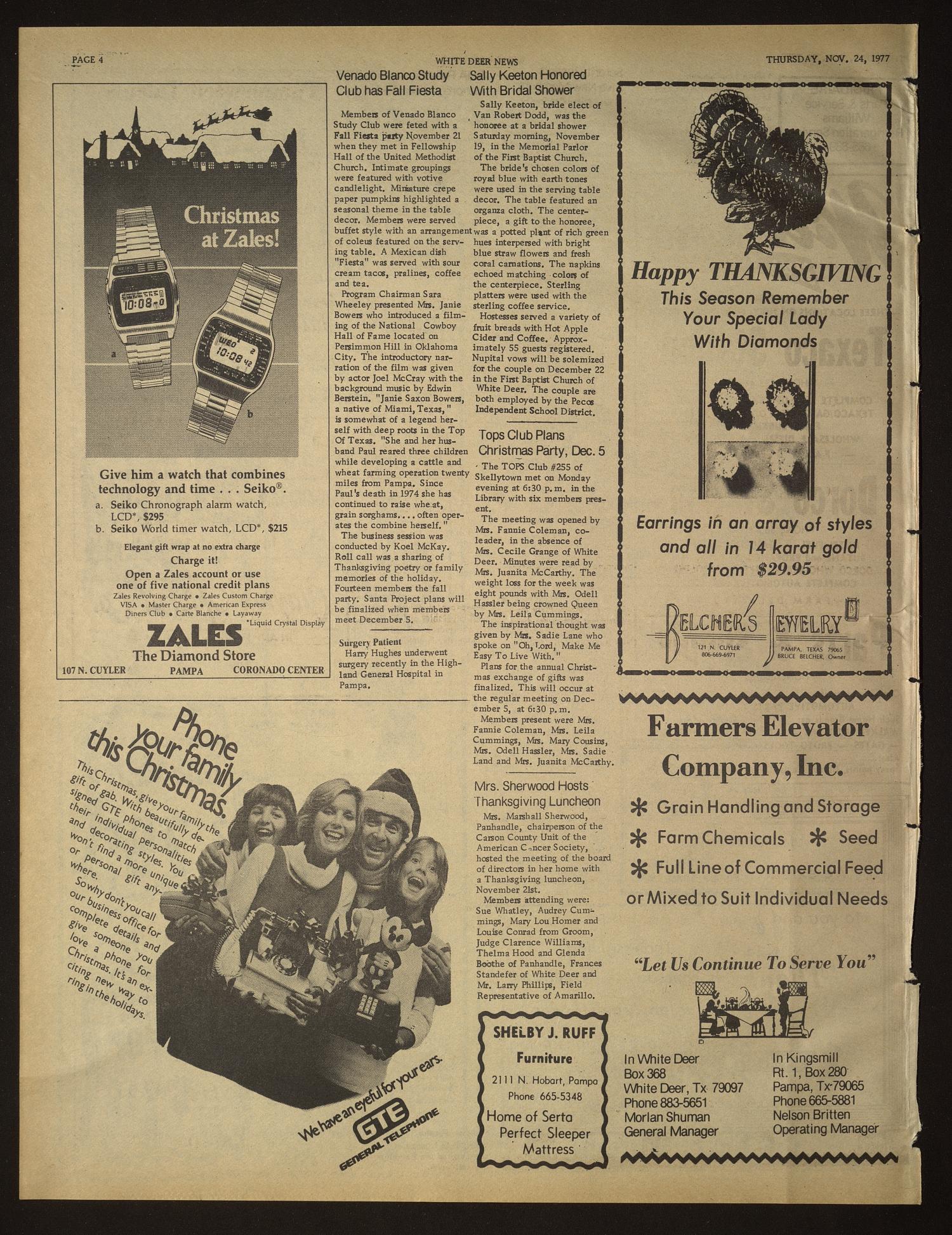 White Deer News (White Deer, Tex.), Vol. 18, No. 40, Ed. 1 Thursday, November 24, 1977
                                                
                                                    [Sequence #]: 4 of 8
                                                