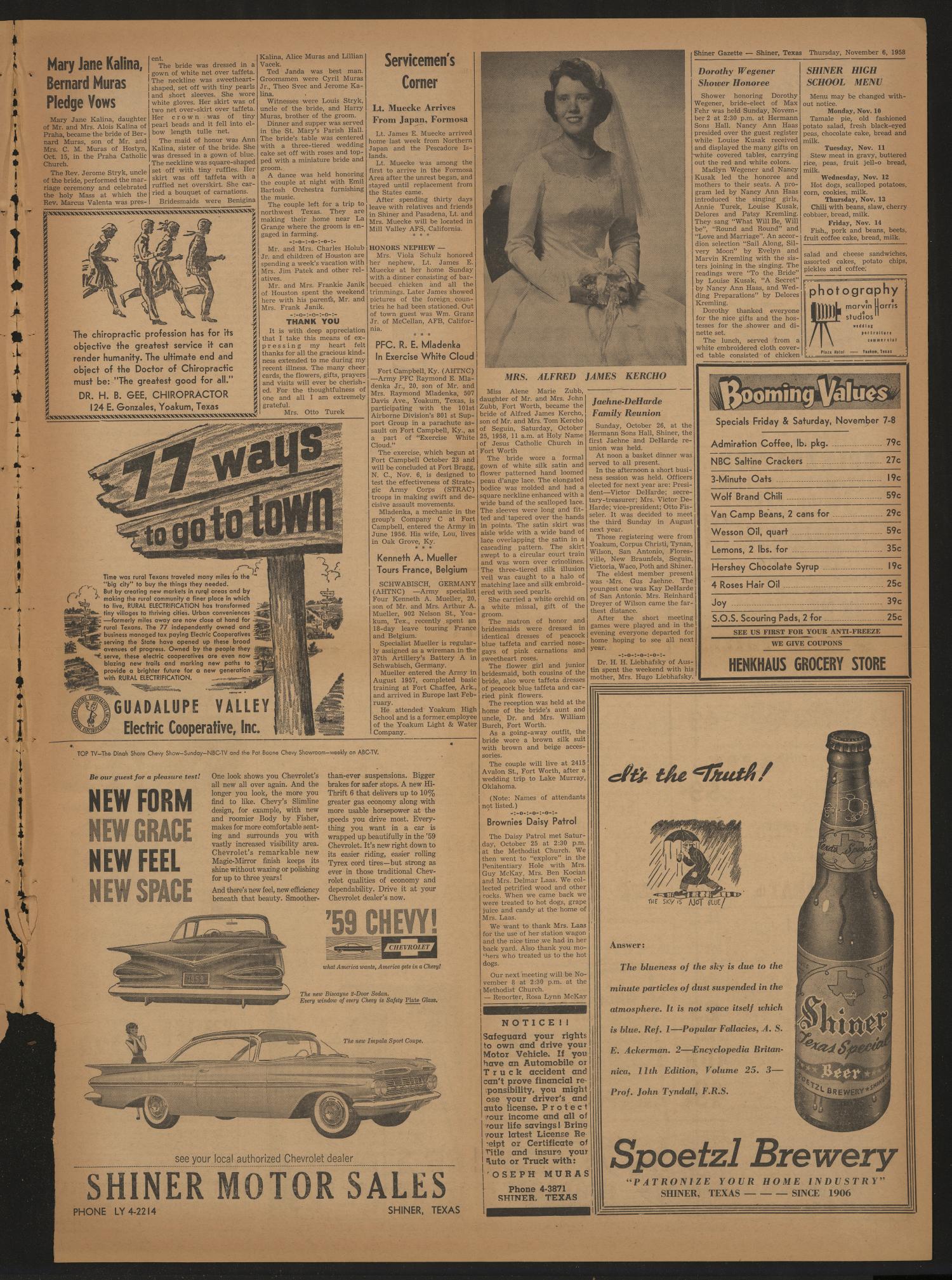 The Shiner Gazette (Shiner, Tex.), Vol. 66, No. 45, Ed. 1 Thursday, November 6, 1958
                                                
                                                    [Sequence #]: 3 of 8
                                                