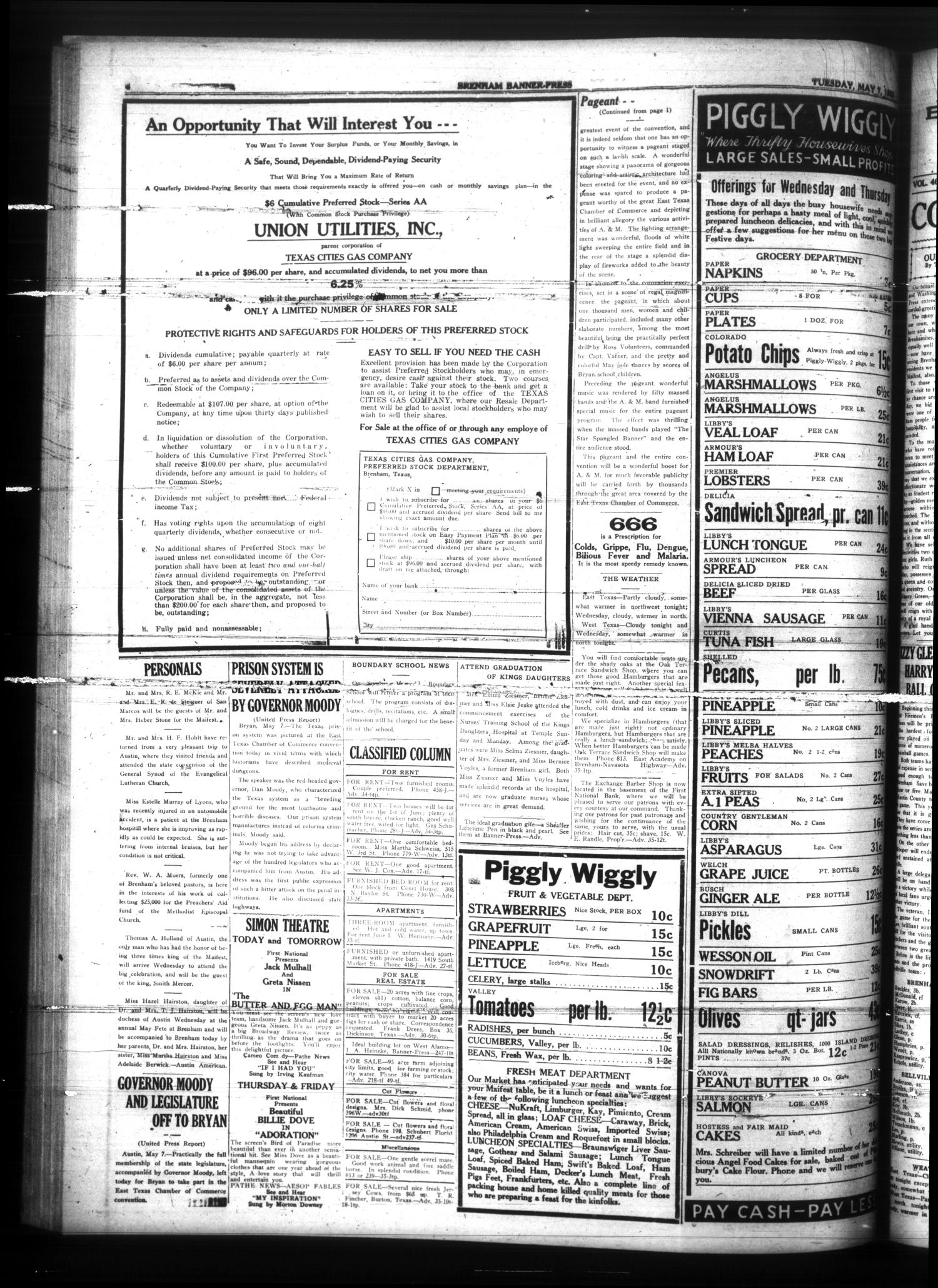 Brenham Banner-Press (Brenham, Tex.), Vol. 46, No. 35, Ed. 1 Tuesday, May 7, 1929
                                                
                                                    [Sequence #]: 4 of 4
                                                