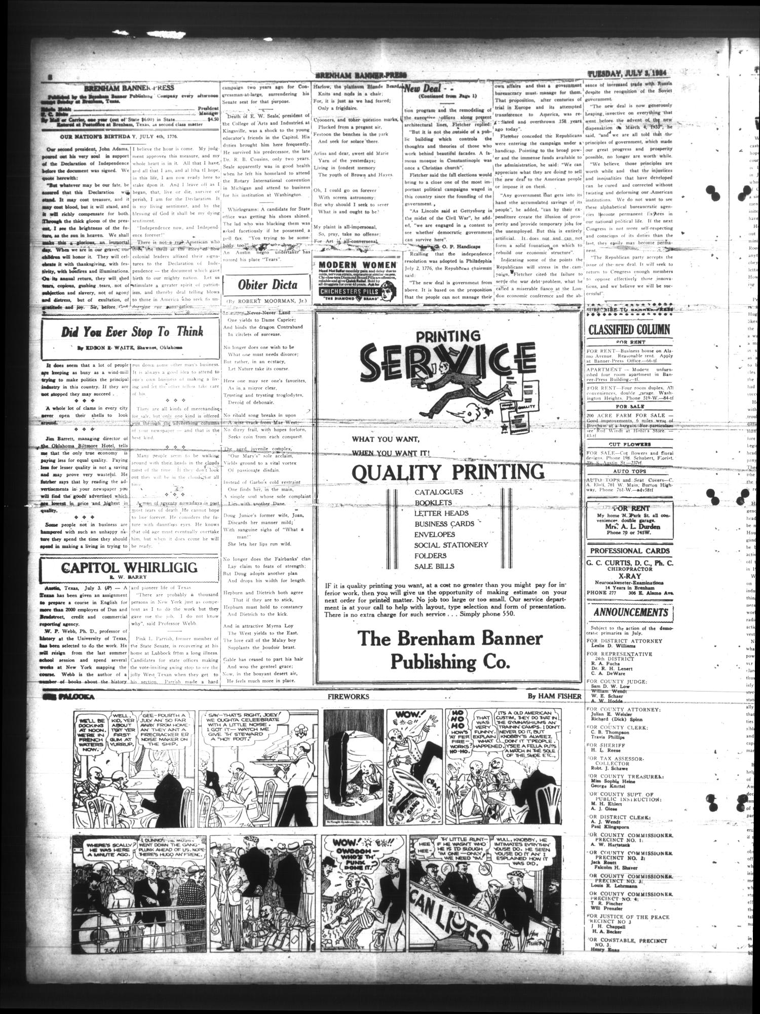 Brenham Banner-Press (Brenham, Tex.), Vol. 51, No. 85, Ed. 1 Tuesday, July 3, 1934
                                                
                                                    [Sequence #]: 2 of 4
                                                
