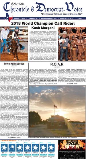 Primary view of Coleman Chronicle & Democrat-Voice (Coleman, Tex.), Vol. 137, No. 31, Ed. 1 Wednesday, August 1, 2018