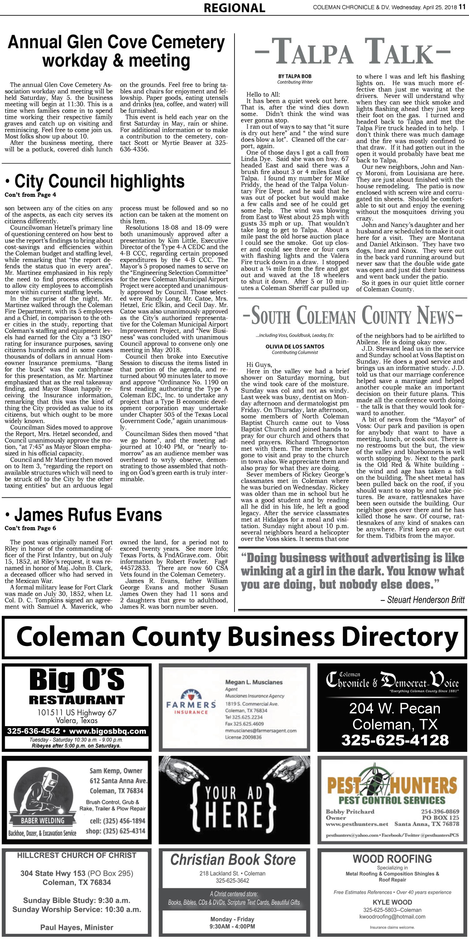 Coleman Chronicle & Democrat-Voice (Coleman, Tex.), Vol. 137, No. 17, Ed. 1 Wednesday, April 25, 2018
                                                
                                                    [Sequence #]: 11 of 12
                                                