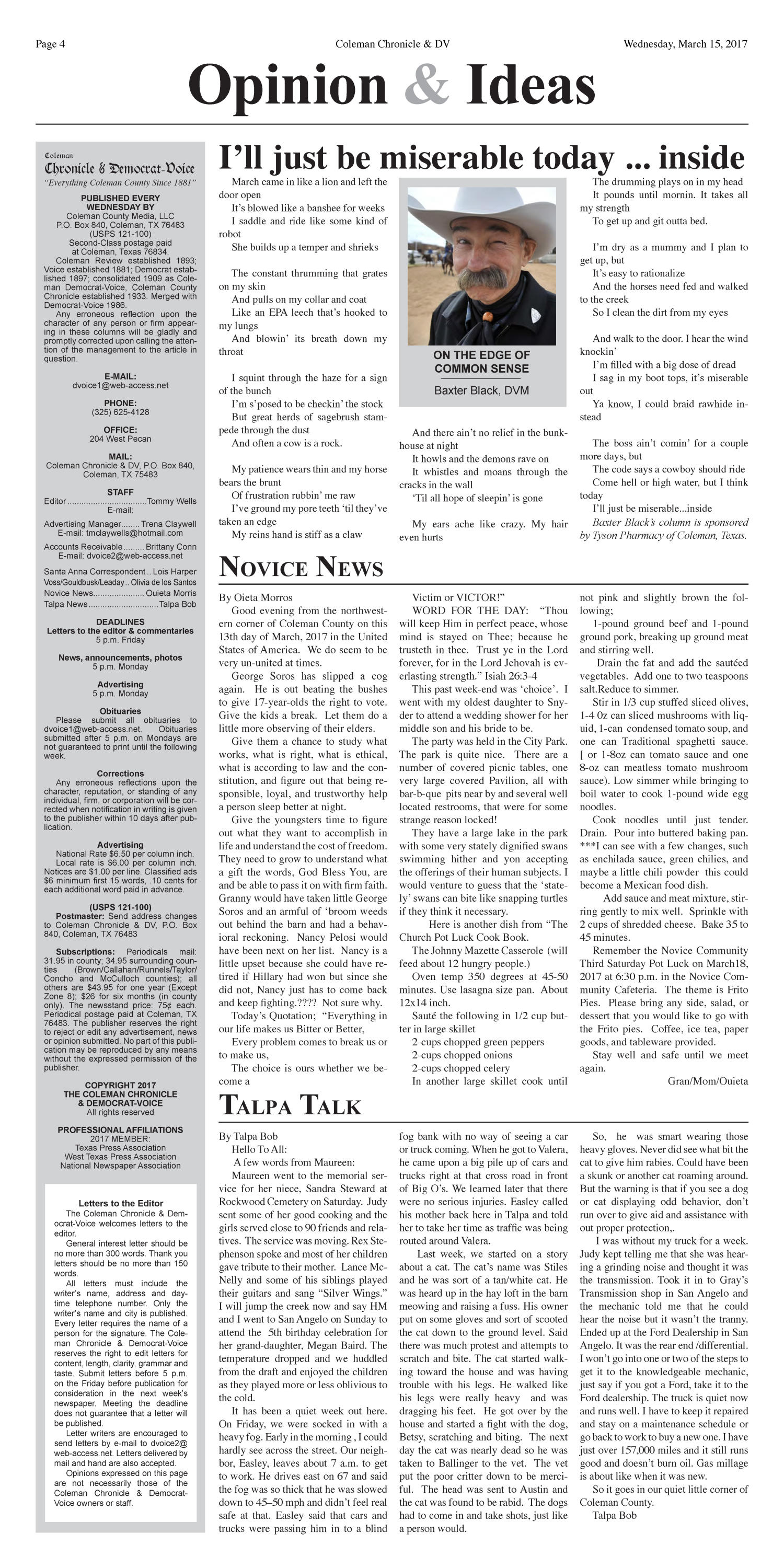 Coleman Chronicle & Democrat-Voice (Coleman, Tex.), Vol. 136, No. 11, Ed. 1 Wednesday, March 15, 2017
                                                
                                                    [Sequence #]: 4 of 14
                                                