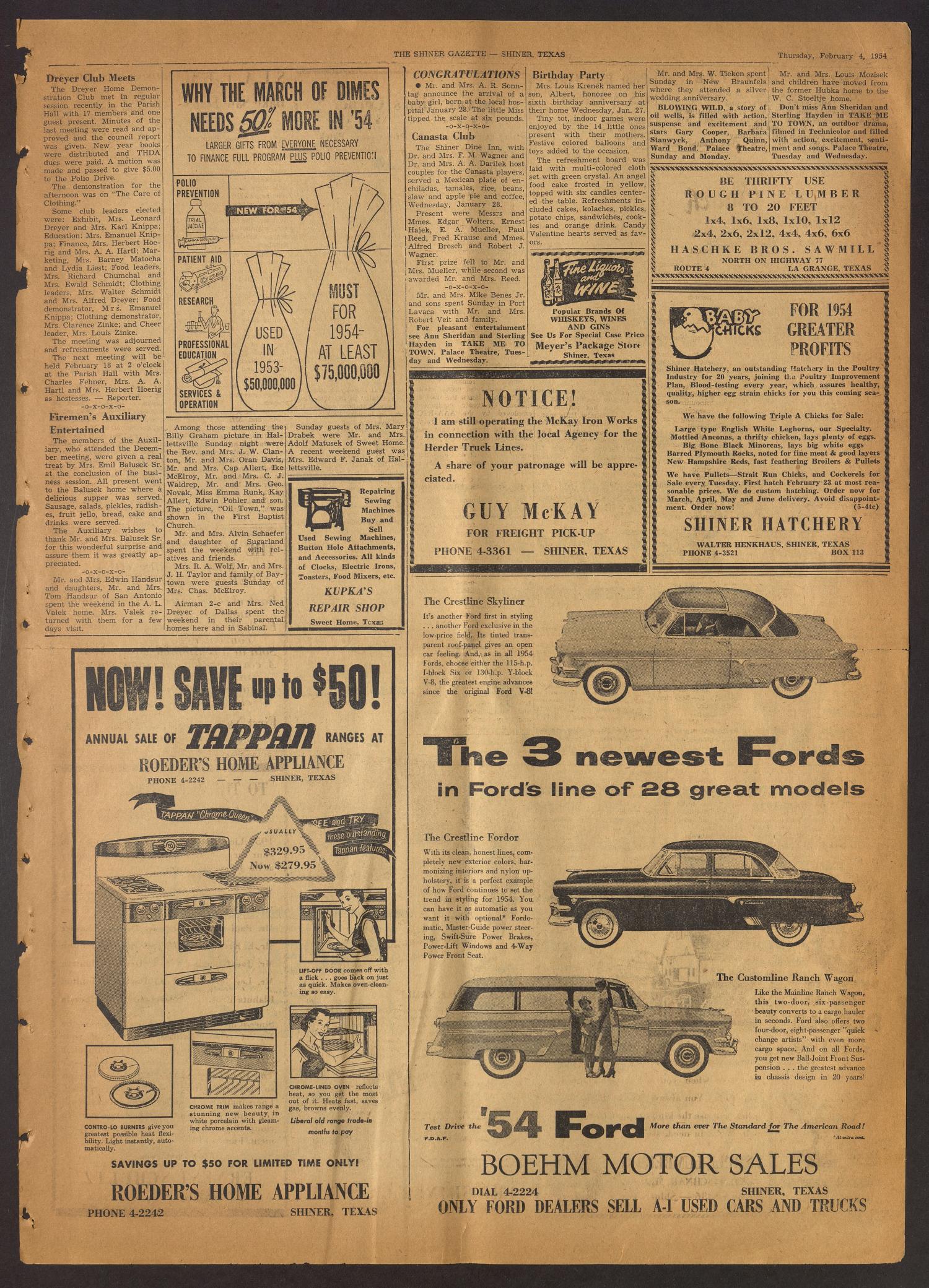 The Shiner Gazette (Shiner, Tex.), Vol. 62, No. 5, Ed. 1 Thursday, February 4, 1954
                                                
                                                    [Sequence #]: 7 of 12
                                                