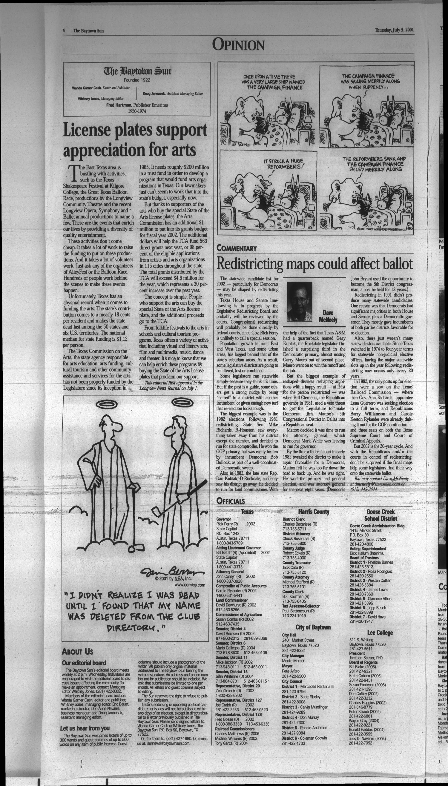 The Baytown Sun (Baytown, Tex.), Vol. 79, No. 221, Ed. 1 Thursday, July 5, 2001
                                                
                                                    [Sequence #]: 4 of 10
                                                