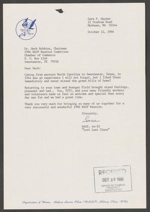 Primary view of object titled '[Letter from Sara P. Hayden to Dr. Herb Robbins, October 12, 1986]'.