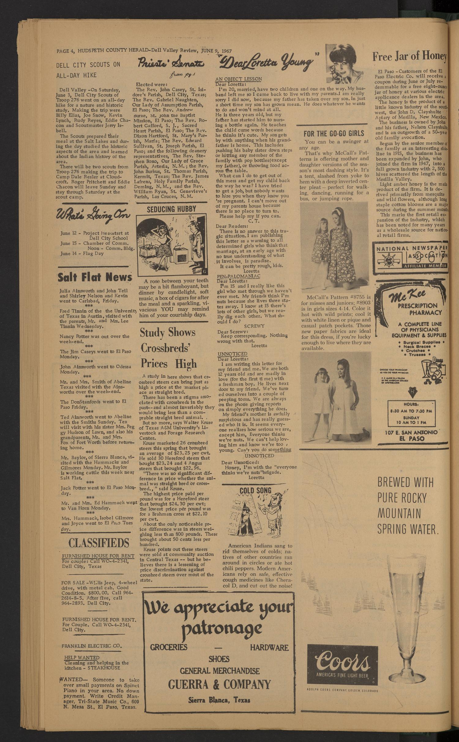 Hudspeth County Herald and Dell Valley Review (Dell City, Tex.), Vol. 11, No. 40, Ed. 1 Friday, June 9, 1967
                                                
                                                    [Sequence #]: 4 of 6
                                                