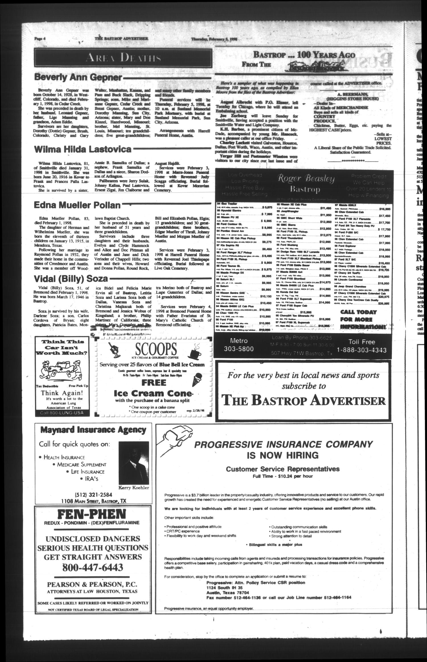 The Bastrop Advertiser (Bastrop, Tex.), Vol. 144, No. 98, Ed. 1 Thursday, February 5, 1998
                                                
                                                    [Sequence #]: 4 of 63
                                                