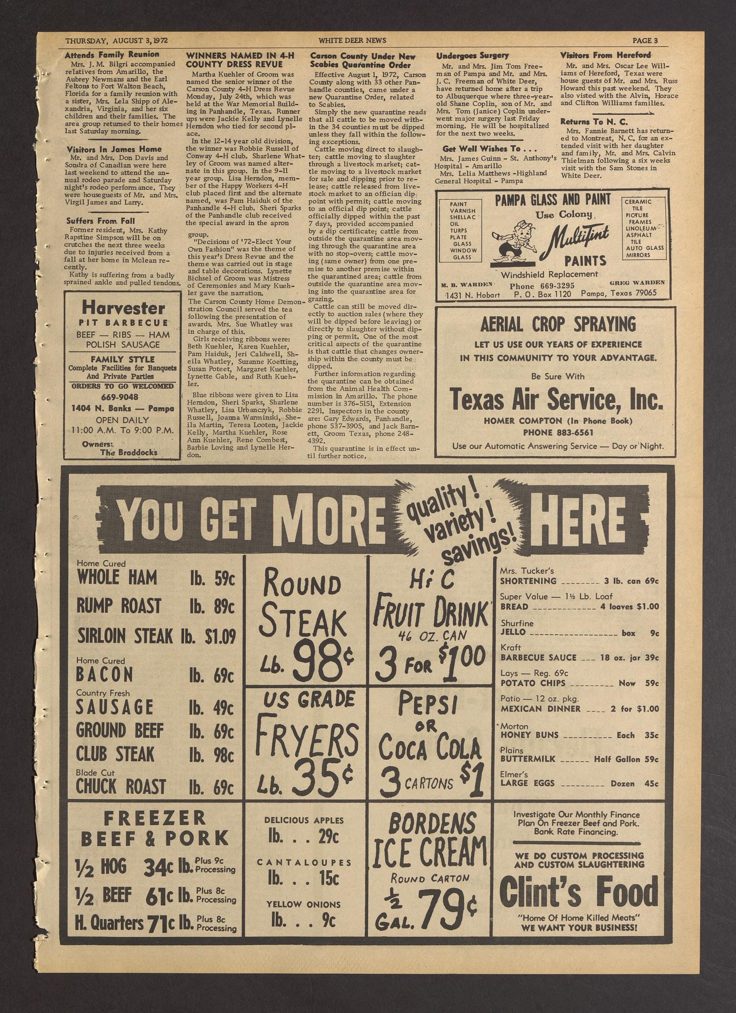 White Deer News (White Deer, Tex.), Vol. 13, No. 25, Ed. 1 Thursday, August 3, 1972
                                                
                                                    [Sequence #]: 3 of 8
                                                