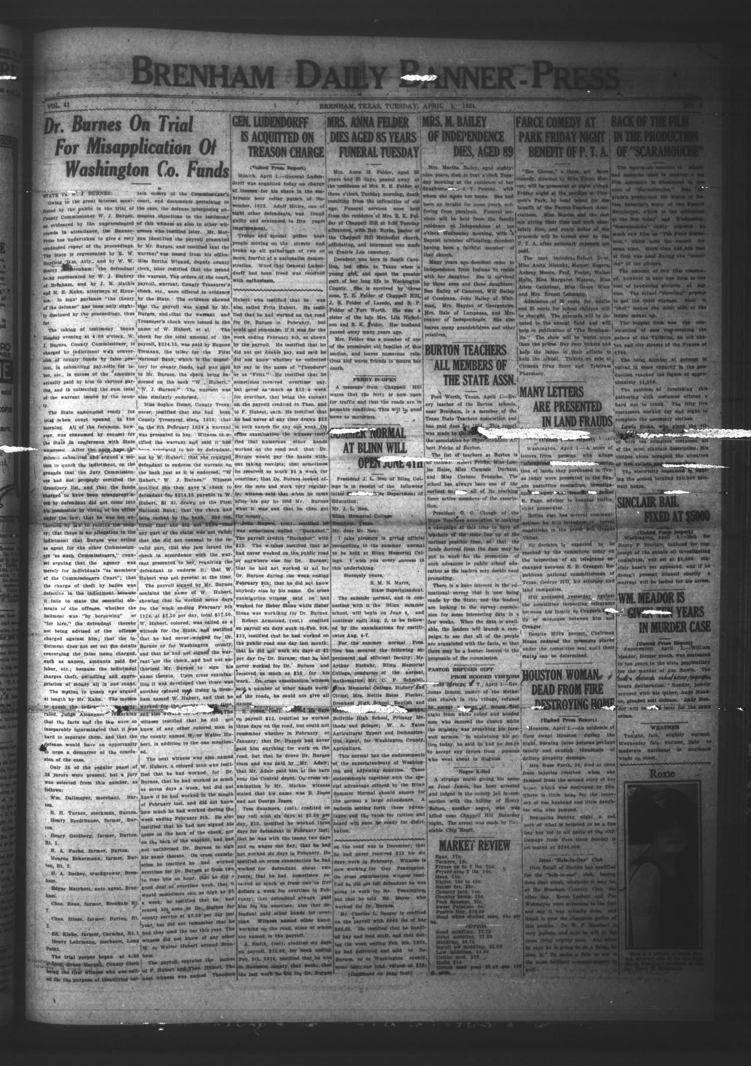 Brenham Daily Banner-Press (Brenham, Tex.), Vol. 41, No. 5, Ed. 1 Tuesday, April 1, 1924
                                                
                                                    [Sequence #]: 1 of 4
                                                