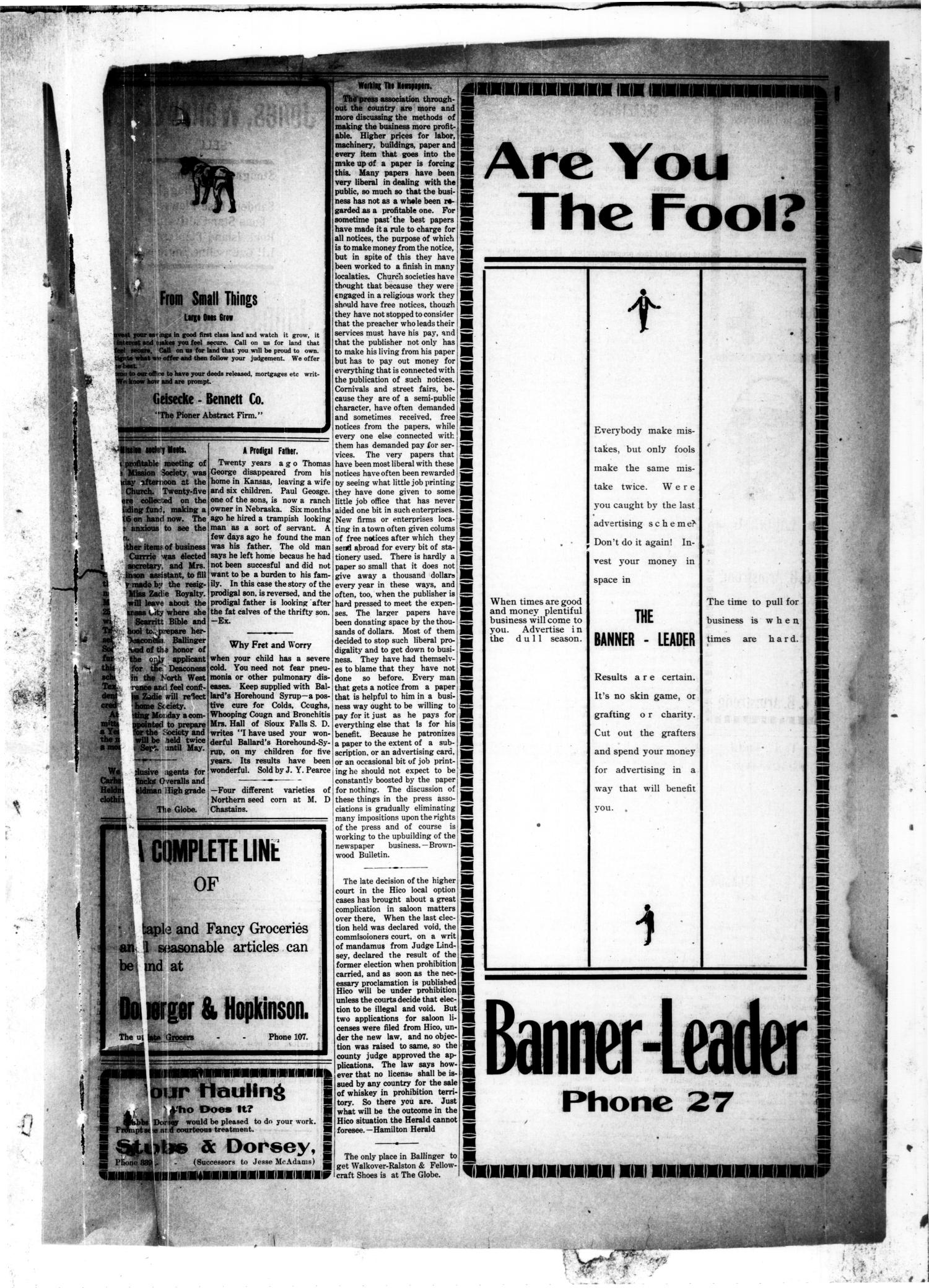 The Banner-Leader. (Ballinger, Tex.), Vol. 26, No. 48, Ed. 1 Saturday, August 17, 1907
                                                
                                                    [Sequence #]: 5 of 10
                                                