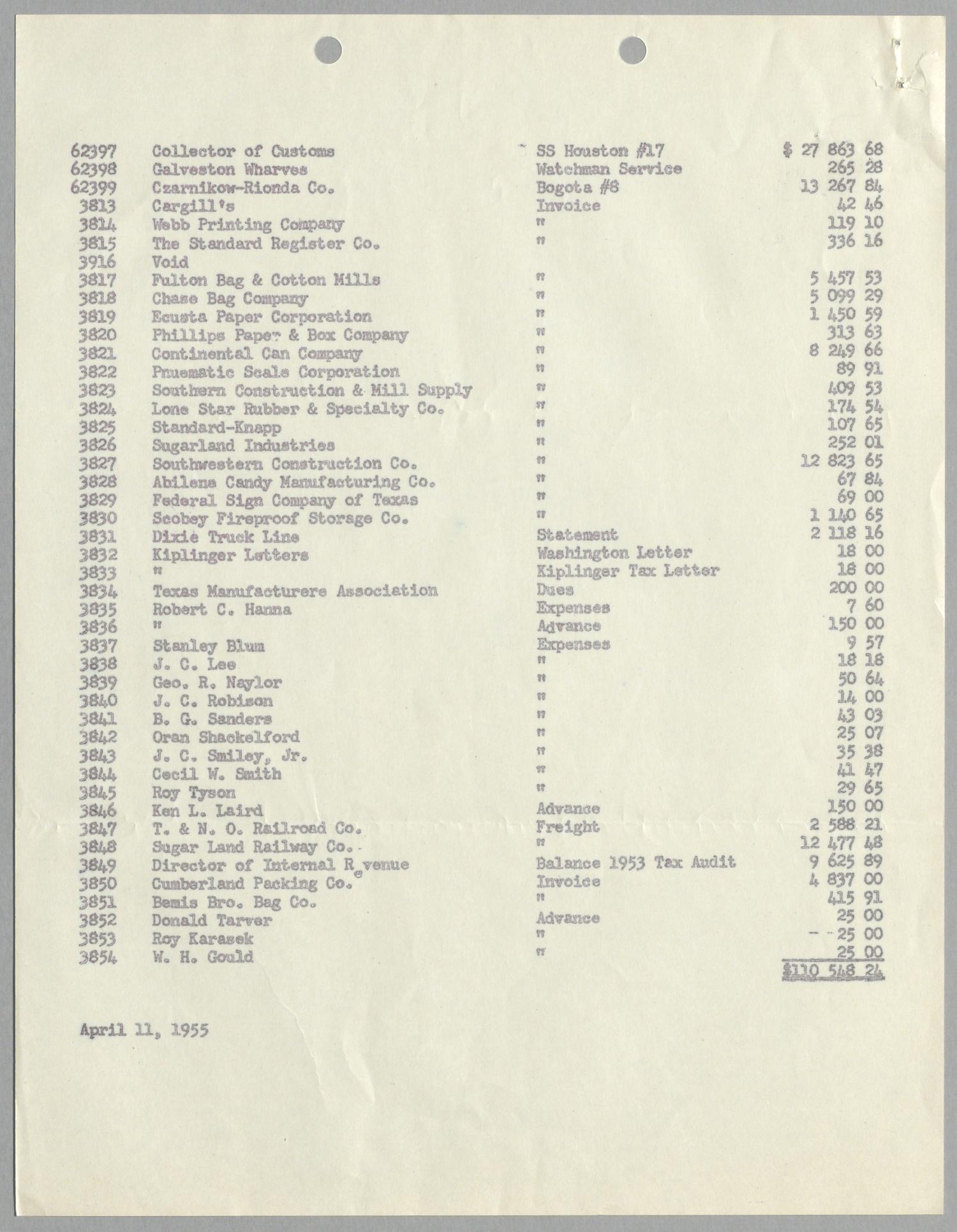 [Imperial Sugar Company, Cash Balance Report, April 11, 1955]
                                                
                                                    [Sequence #]: 3 of 4
                                                