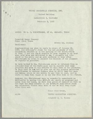 Primary view of object titled '[Letter from United Mercantile Agencies to Imperial Sugar Company, February 3, 1955]'.