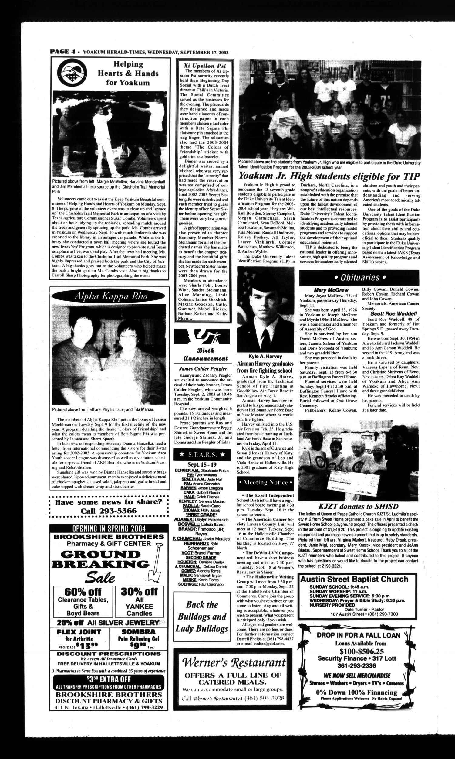 Yoakum Herald-Times (Yoakum, Tex.), Vol. 111, No. 38, Ed. 1 Wednesday, September 17, 2003
                                                
                                                    [Sequence #]: 4 of 12
                                                
