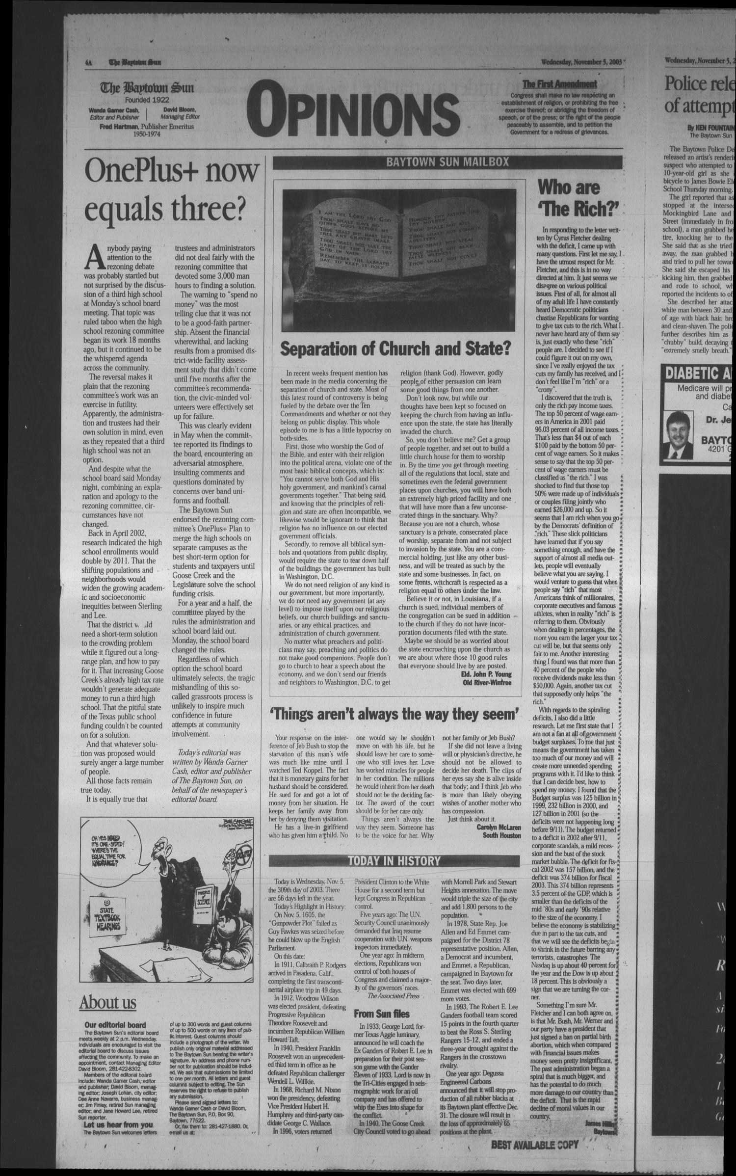 The Baytown Sun (Baytown, Tex.), Vol. 81, No. 340, Ed. 1 Wednesday, November 5, 2003
                                                
                                                    [Sequence #]: 4 of 20
                                                