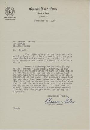 Primary view of object titled '[Letter from Bascom Giles to Truett Latimer, December 21, 1954]'.