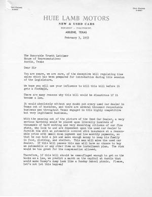 Primary view of object titled '[Letter from the Abilene Independent Automobile Dealers Association to Truett Latimer, February 3, 1953]'.
