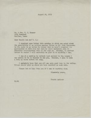 Primary view of object titled '[Letter from Truett Latimer to T. J. Hooser and Bessie Lou Hooser, August 28, 1953]'.