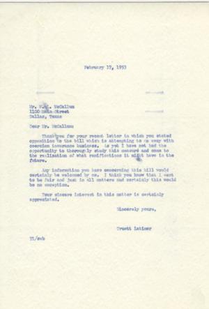 Primary view of object titled '[Letter from Truett Latimer to Wilmer L. McCallum, February 17, 1953]'.
