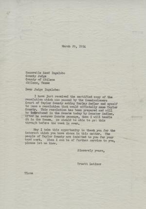 Primary view of object titled '[Letter from Truett Latimer to Judge Reed Ingalsbe, March 29, 1954]'.
