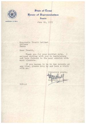 Primary view of object titled '[Letter from Marshall O. Bell to Truett Latimer, June 16, 1953]'.