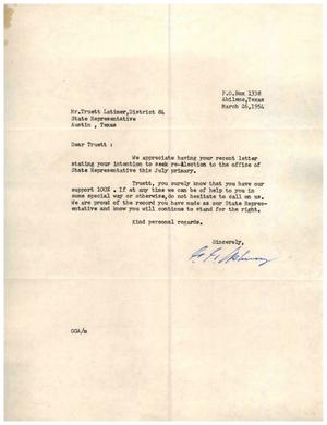 Primary view of object titled '[Letter from G. G. Asbury to Truett Latimer, March 26, 1954]'.