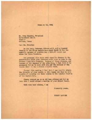 Primary view of object titled '[Letter from Truett Latimer John Brandon, February 15, 1954]'.