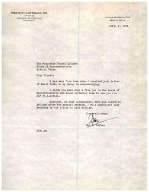 Primary view of object titled '[Letter from Ben R. Barbee to Truett Latimer, April 6, 1954]'.